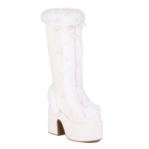 Rock88 Damenstiefel mit hohem Absatz,Plateaustiefel mit Blockabsatz und Seitlichem Reißverschluss,Schnürstiefel für Abendessen und Verabredungen,White,38 von Rock88