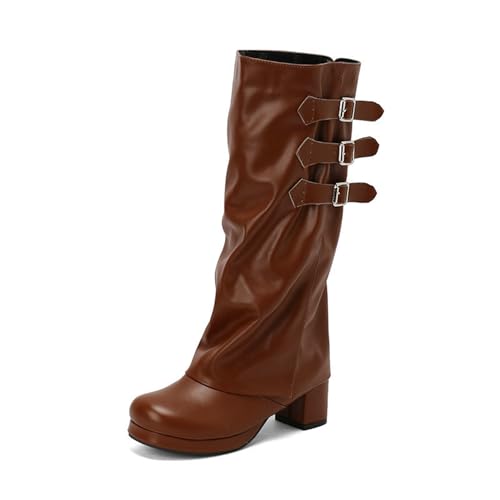 Rock88 Elegante Hohe Damenstiefel mit Schnallenriemen,Kniehohe Stiefel mit Reißverschluss,Stiefel mit Klobigem Absatz für Jeden Anlass,Brown,38 von Rock88