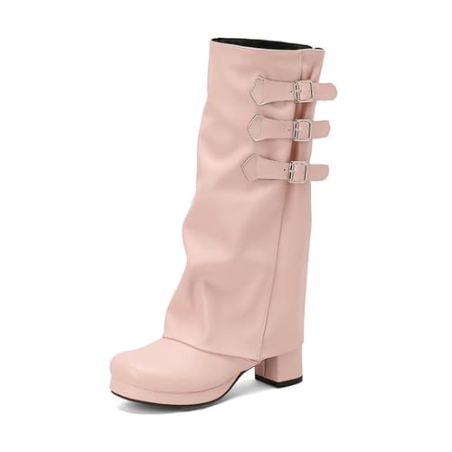 Rock88 Elegante Hohe Damenstiefel mit Schnallenriemen,Kniehohe Stiefel mit Reißverschluss,Stiefel mit Klobigem Absatz für Jeden Anlass,Pink,42 von Rock88