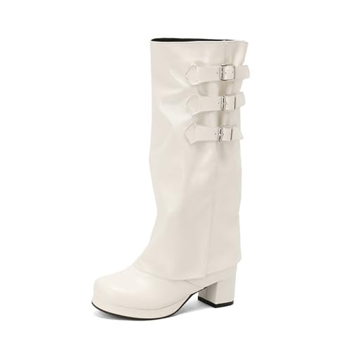 Rock88 Elegante Hohe Damenstiefel mit Schnallenriemen,Kniehohe Stiefel mit Reißverschluss,Stiefel mit Klobigem Absatz für Jeden Anlass,White,38 von Rock88