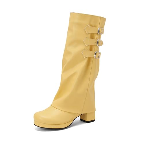 Rock88 Elegante Hohe Damenstiefel mit Schnallenriemen,Kniehohe Stiefel mit Reißverschluss,Stiefel mit Klobigem Absatz für Jeden Anlass,Yellow,41 von Rock88