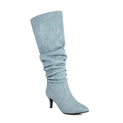 Rock88 Elegante Slouch-Stiefel mit hohen Absätzen für Damen,Halbhohe Jeansstiefel mit Spitzer Spitze,Faltenstiefel für Partys und Abschluss,Blue Velvet,37 von Rock88