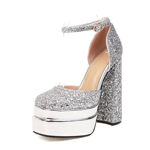 Rock88 Glitzernde Plateauschuhe für Damen,Pumps mit Hohem Absatz,Klobigem Absatz und verstellbarem Riemen,Schuhe mit Quadratischer Spitze für Partys und Tanzen,Silver,43 von Rock88