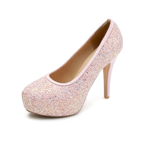 Rock88 Hoher Absatz für Damen,Glänzende Glitzer Pumps mit Runder Spitze,Pailletten-Pumps mit Stilettoabsatz für Party und Hochzeit,Pink,37 von Rock88