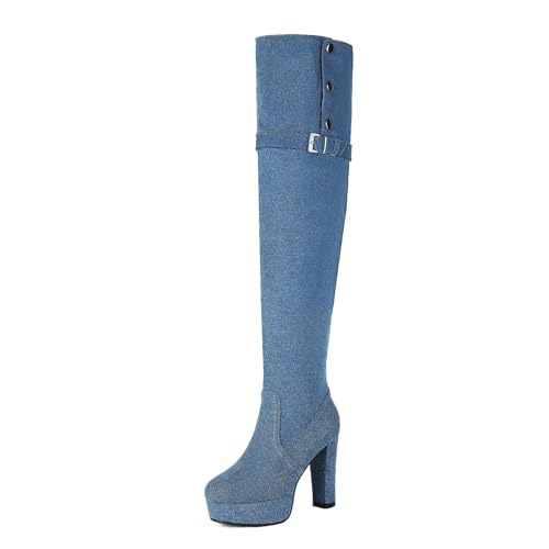 Rock88 Kniehohe Plateaustiefel für Damen,Hohe Stiefel mit Schnalle und Klobigem Absatz,Lange Stiefel mit Seitlichem Reißverschluss für Party,Denim Blue,36 von Rock88