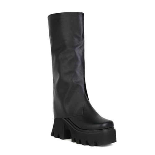 Rock88 Kniehohe Plateaustiefel für Damen,Stiefel im Slip-On-Design mit Klobigem Absatz,High-Top-Stiefel für Konzerte und Partys,Black,37 von Rock88