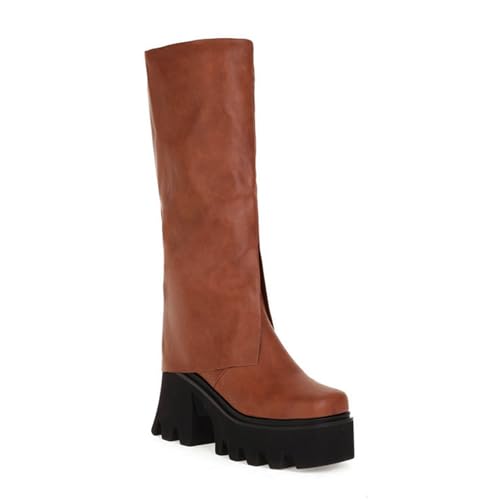 Rock88 Kniehohe Plateaustiefel für Damen,Stiefel im Slip-On-Design mit Klobigem Absatz,High-Top-Stiefel für Konzerte und Partys,Brown,40 von Rock88