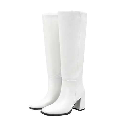 Rock88 Kniehohe Stiefel für Damen,Hohe Stiefel mit Klobigem Absatz und Quadratischer Zehenpartie,Lange Stiefel mit Reißverschluss für Zum Ausgehen und für den Alltag,:White,42 von Rock88