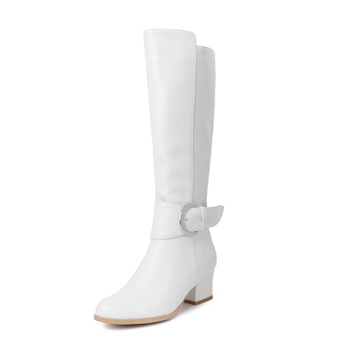 Rock88 Kniehohe Stiefel für Damen,Hohe Stiefel mit Niedrigem Absatz und Schnallendetail,Lange Stiefel mit Seitlichem Reißverschluss für Büro und Spaziergang,White,36 von Rock88