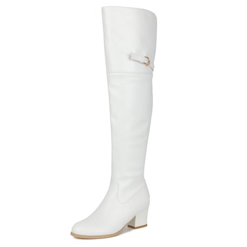 Rock88 Kniehohe Stiefel für Damen,Hohe Stiefel mit Niedrigem Absatz und Schnallendetail,Lange Stiefel mit Seitlichem Reißverschluss für Büro und Spaziergang,White,41 von Rock88