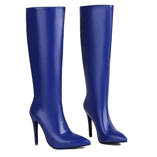 Rock88 Kniehohe Stiefel für Damen,Hohe Stiefel mit Spitzer Spitze und Stilettoabsatz,Lange Stiefel zum Reinschlüpfen für die Freizeit und das Büro,Blue,34 von Rock88