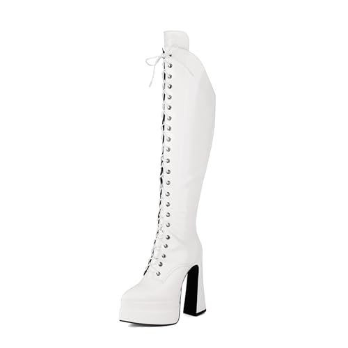 Rock88 Kniehohe Stiefel für Damen,Klobige Stiefel mit Spitzer Spitze,Klobigem Absatz und Seitlichem Reißverschluss,Plateauschuhe für Laufsteg,White,34 von Rock88