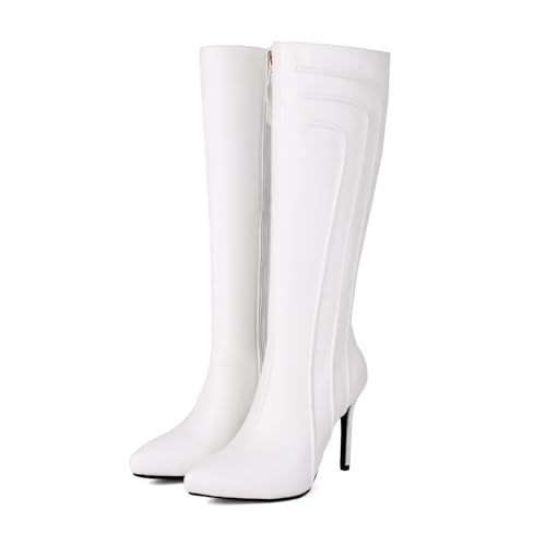 Rock88 Kniehohe Stiefel für Damen,Lange Stiefel mit Stilettoabsatz und Seitlichem Reißverschluss,Hohe Stiefel für Hochzeiten und Spaziergänge,White,38 von Rock88