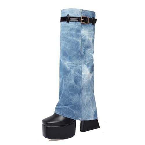 Rock88 Kniehohe Stiefel für Damen,Plateaustiefel mit Verstellbaren Schnallen Design,Gerade Stiefel mit Klobigem Absatz für Partys und Musikfestivals,Blue,39 von Rock88