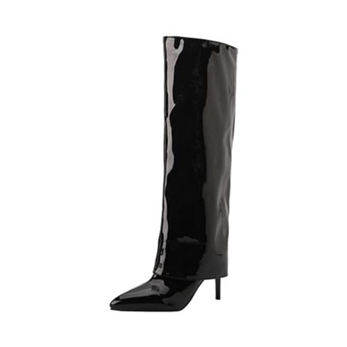 Rock88 Kniehohe Stiefel für Damen,Stiefel mit Stilettoabsatz und Spitzer Spitze,Lange Stiefel aus Lackleder für Partys und Abschlussfeiern,Black,36 von Rock88