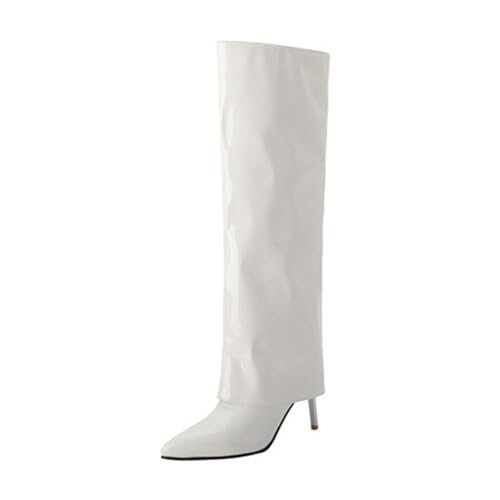 Rock88 Kniehohe Stiefel für Damen,Stiefel mit Stilettoabsatz und Spitzer Spitze,Lange Stiefel aus Lackleder für Partys und Abschlussfeiern,White,35 von Rock88