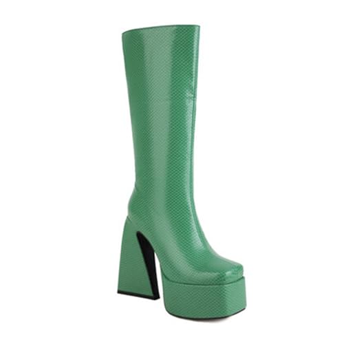 Rock88 Kniehohe Stiefel mit Absatz für Damen,Hohe Stiefel mit Seitlichem Reißverschluss,Plateaustiefel mit Klobigem Absatz zum Tanzen oder für Partys,Green,41 von Rock88