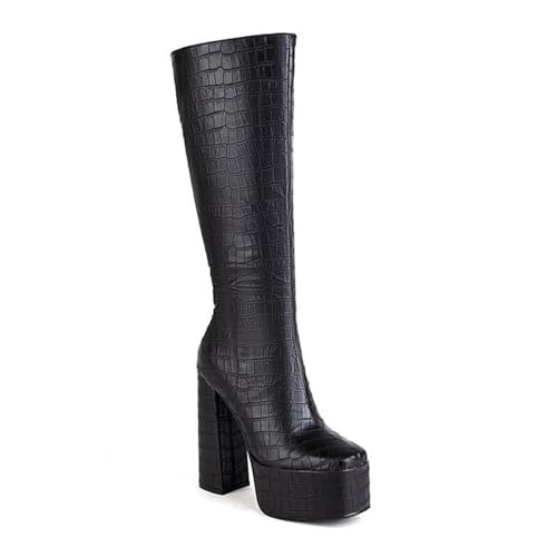 Rock88 Kniehohe Stiefel mit Blockabsatz für Damen,High Heel-Stiefel mit Seitlichem Reißverschluss,Plateaustiefel für Party und Hochzeit,Black,39 von Rock88