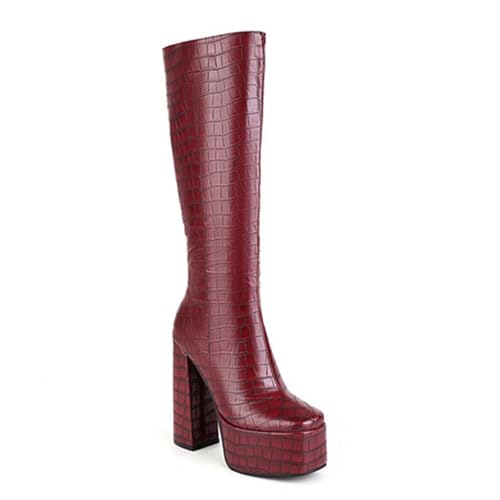 Rock88 Kniehohe Stiefel mit Blockabsatz für Damen,High Heel-Stiefel mit Seitlichem Reißverschluss,Plateaustiefel für Party und Hochzeit,Brown,42 von Rock88