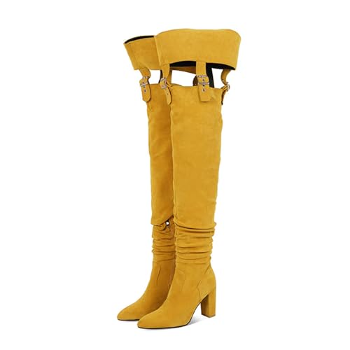 Rock88 Overknee-Stiefel für Damen,Freizeitstiefel mit Schnallendetail und Seitlichem Reißverschluss,Stiefel mit Blockabsatz für Partys und Abschlussbälle,Yellow,42 von Rock88