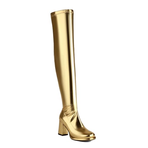 Rock88 Overknee-Stiefel für Damen,Hohe Stiefel mit Blockabsatz und Seitlichem Reißverschluss,Lange Stiefel für Hochzeiten und den Urlaub,Gold,43 von Rock88