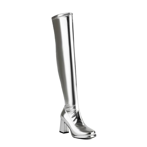 Rock88 Overknee-Stiefel für Damen,Hohe Stiefel mit Blockabsatz und Seitlichem Reißverschluss,Lange Stiefel für Hochzeiten und den Urlaub,Silver,36 von Rock88