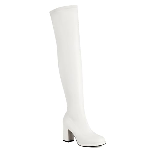 Rock88 Overknee-Stiefel für Damen,Hohe Stiefel mit Blockabsatz und Seitlichem Reißverschluss,Lange Stiefel für Hochzeiten und den Urlaub,White,46 von Rock88