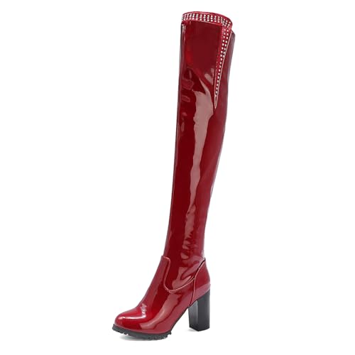 Rock88 Overknee-Stiefel für Damen,Hohe Stiefel mit Feststell Absatz und Kristallverzierungen,Lange Stiefel für Hochzeiten und den Urlaub,Red,38 von Rock88