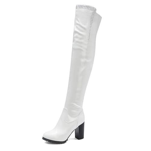 Rock88 Overknee-Stiefel für Damen,Hohe Stiefel mit Feststell Absatz und Kristallverzierungen,Lange Stiefel für Hochzeiten und den Urlaub,White,47 von Rock88