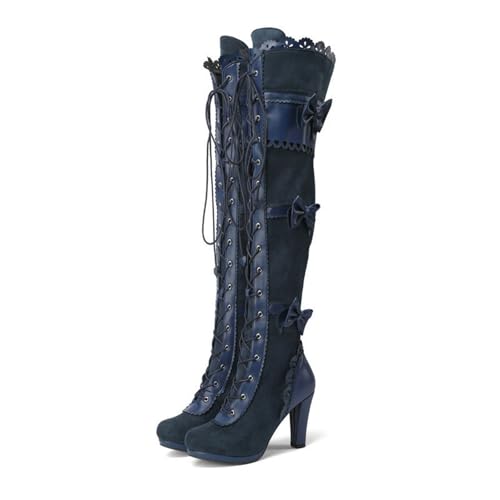 Rock88 Overknee-Stiefel für Damen,Schnürstiefel mit Schleife Akzenten und Blockabsatz,Lange Stiefel für Legere Anlässe,Blue,42 von Rock88