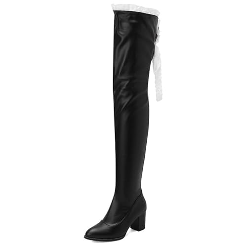 Rock88 Overknee-Stiefel für Damen,Schnürstiefel mit Seitlichem Reißverschluss,Lange Stiefel mit klobigem Absatz für Abschlussfeiern und Hochzeitsfeiern,Black Matte,45 von Rock88