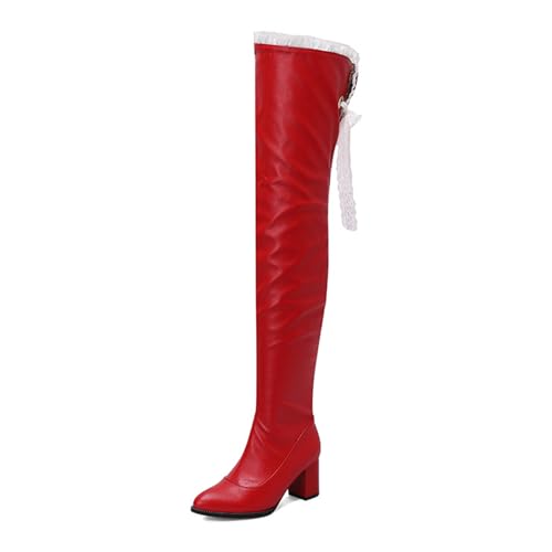 Rock88 Overknee-Stiefel für Damen,Schnürstiefel mit Seitlichem Reißverschluss,Lange Stiefel mit klobigem Absatz für Abschlussfeiern und Hochzeitsfeiern,Red,48 von Rock88