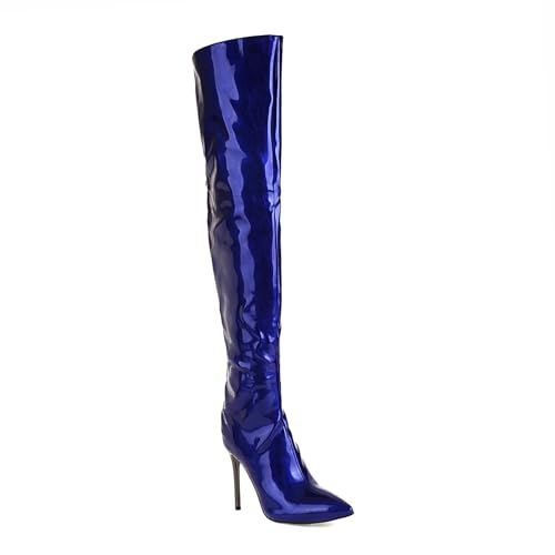 Rock88 Overknee-Stiefel für Damen,Spitze Stiletto-Stiefel mit Reißverschluss Hinten,Einfarbige Lange Stiefel für Partys und den Alltag,Blue,43 von Rock88