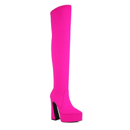 Rock88 Overknee-Stiefel für Damen,Stretch-Stiefel mit Klobigem Absatz, Plateaustiefel mit Hohem Absatz für Partys und Musikfestivals,Pink,34 von Rock88