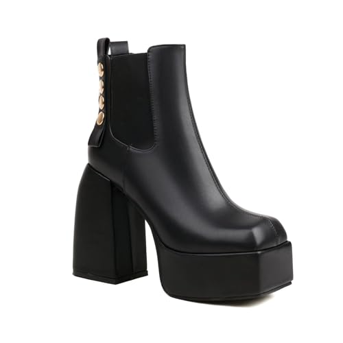 Rock88 Plateau-Stiefeletten für Damen,Stiefel mit Blockabsatz,Goldenen Knopfdetails und Seitlichem Reißverschluss,Kurze Stiefel für Musikfestivals und Ausflüge,Black,41 von Rock88