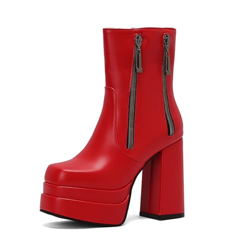 Rock88 Plateau-Stiefeletten für Damen,Stiefel mit Dickem Absatz und Seitlichem Reißverschluss,Kurze Stiefel für Hochzeitsfeiern und Konzerte,Red,41 von Rock88