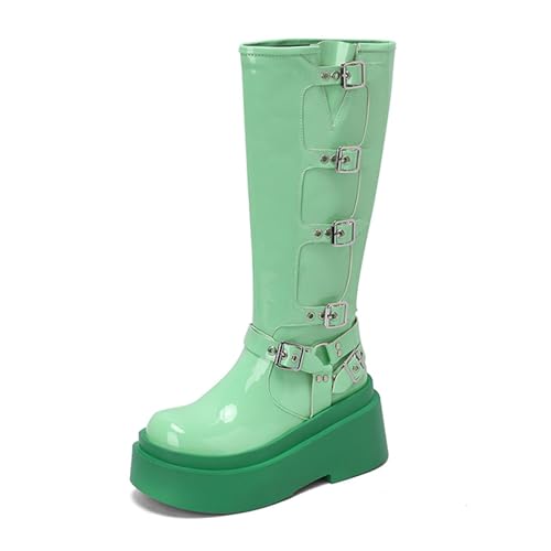 Rock88 Plateaustiefel für Damen,Kniehohe Stiefel mit Schnallen Design,Stiefel mit Runder Spitze und klobigem Absatz für Abschlussfeiern und Partys,Green Patent Leather,37 von Rock88