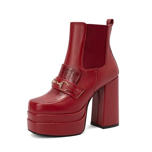 Rock88 Plateaustiefel für Damen,Stiefel mit Quadratischer Zehenpartie und Metall Kettendekor,Stiefeletten mit Klobigem Absatz für Konzerte und Partys,Red,43 von Rock88