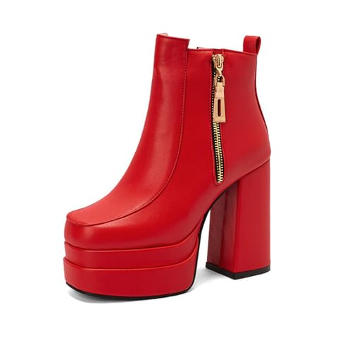 Rock88 Plateaustiefel für Damen,Stiefeletten mit Klobigem Absatz,Stiefel mit Quadratischer Zehenpartie und Seitlichem Reißverschluss für Konzerte und Shopping,Red,45 von Rock88