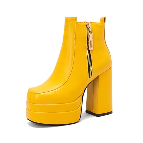 Rock88 Plateaustiefel für Damen,Stiefeletten mit Klobigem Absatz,Stiefel mit Quadratischer Zehenpartie und Seitlichem Reißverschluss für Konzerte und Shopping,Yellow,47 von Rock88