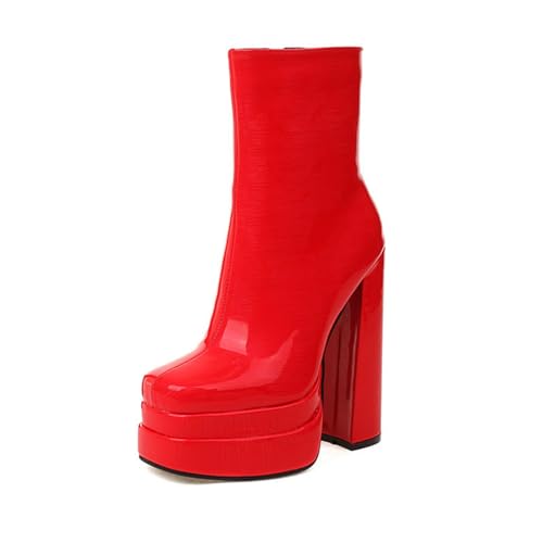 Rock88 Plateaustiefel für Damen,Stiefeletten mit Seitlichem Reißverschluss und klobigem Absatz,Kurze Stiefel mit Quadratischer Zehenpartie für Hochzeit und Party,Red,40 von Rock88