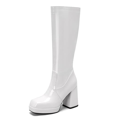 Rock88 Plateaustiefel für Damen mit glänzender Oberfläche,Kniehohe Stiefel mit Hohem Absatz,Reißverschluss und Blockabsatz für Verabredungen und Meetings,White,37 von Rock88