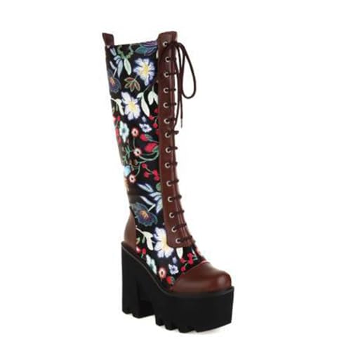 Rock88 Plateaustiefel mit Blumenmuster für Damen,Kniehohe Stiefel mit Schnürung und Klobigem Absatz,Hohe Stiefel mit Seitlichem Reißverschluss für Partys,Brown,40 von Rock88