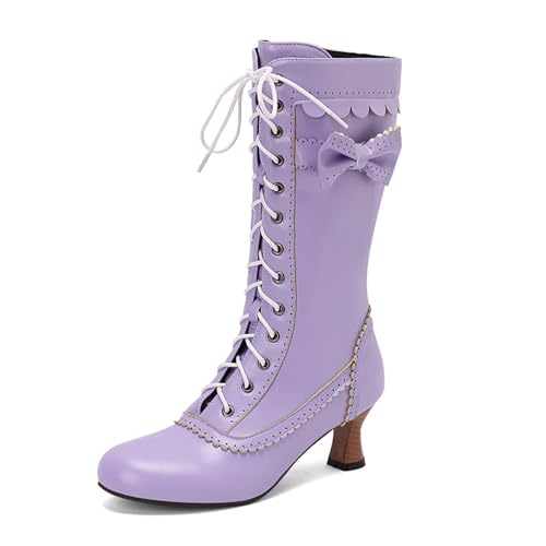 Rock88 Schnürstiefel für Damen,Hohe Stiefel mit Klobigem Absatz,Stiefeletten mit Schleifenakzent und Seitlichem Reißverschluss für Party und Büro,Purple,37 von Rock88