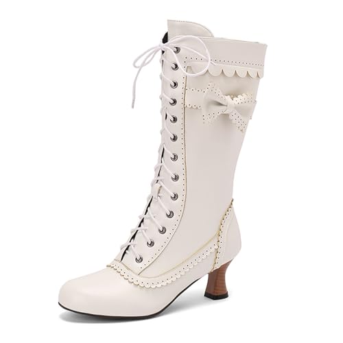 Rock88 Schnürstiefel für Damen,Hohe Stiefel mit Klobigem Absatz,Stiefeletten mit Schleifenakzent und Seitlichem Reißverschluss für Party und Büro,White,46 von Rock88