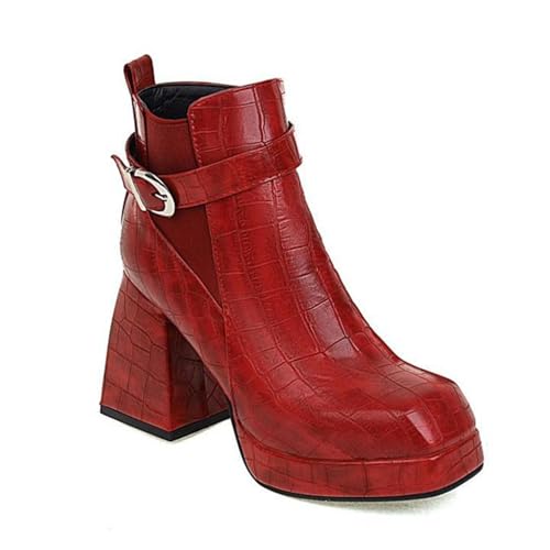 Rock88 Stiefeletten mit dickem Absatz für Damen,Stiefel mit quadratischer Zehenpartie und Gürtelschnallen,Kurze Stiefel mit Reißverschluss und Gummiband für Partys,Red,36 von Rock88