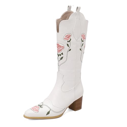 Rock88 Western-Cowboystiefel für Damen,Hohe Stiefel mit Klobigem Absatz,Stiefel mit Blumenstickerei und Seitlichem Reißverschluss für Musikfestivals oder Spaziergänge,White,46 von Rock88