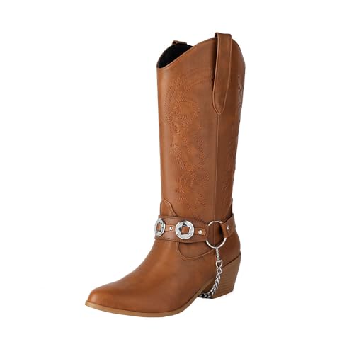 Rock88 Western-Cowboystiefel für Damen,Hohe Stiefel mit Stickerei,Lange Stiefel mit Metallring und Kettendetail für Legere Ausflüge,Brown,36 von Rock88