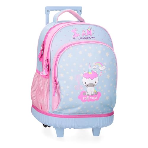 Roll Road I Am a Unicorn Rucksack, kompakt, 2 Räder, Blau, 32 x 43 x 21 cm, Polyester, 28,9 l, blau, Kompakter Rucksack mit 2 Rädern von Roll Road