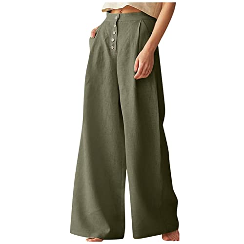 Rosennie Damen Hosen Sommer Casual Einfarbig Culotte Hose Weite Bein mit Knopf High Waist Lang Palazzo Hose mit Tasche Baggy Hosen Freizeithose Stoffhose von Rosennie